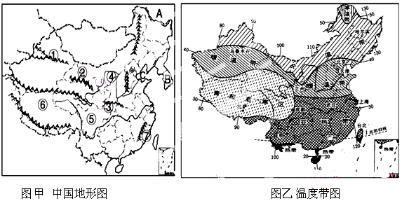 读中国地形图和干湿地区图填空.