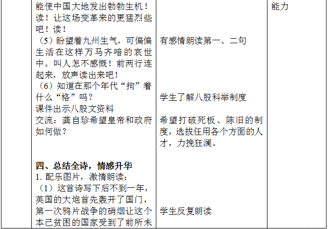 五年级语文《古诗三首》《己亥杂诗》(表格式)教案一等奖